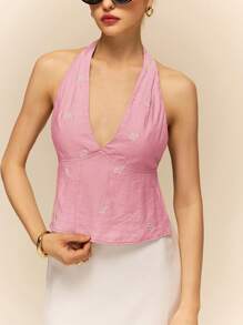 Poéselle Women's Floral Embroidered Plunging V-Neck Halter Top, Sexy For Holiday