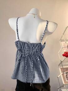 Comfortcana Women's Navy & White Plaid V-Neck Ruffle Camisole - Navy Blue - View 6