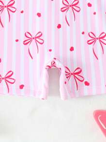 Baby Girl Pink Striped One Piece Swimsuit With Shorts & Hat, Adorable Bow Decor - Pink - View 5
