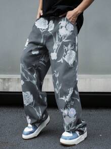 Manfinity Hypemode Men's Floral Print Straight Leg Relaxed Fit Casual Jeans - Grey - View 4