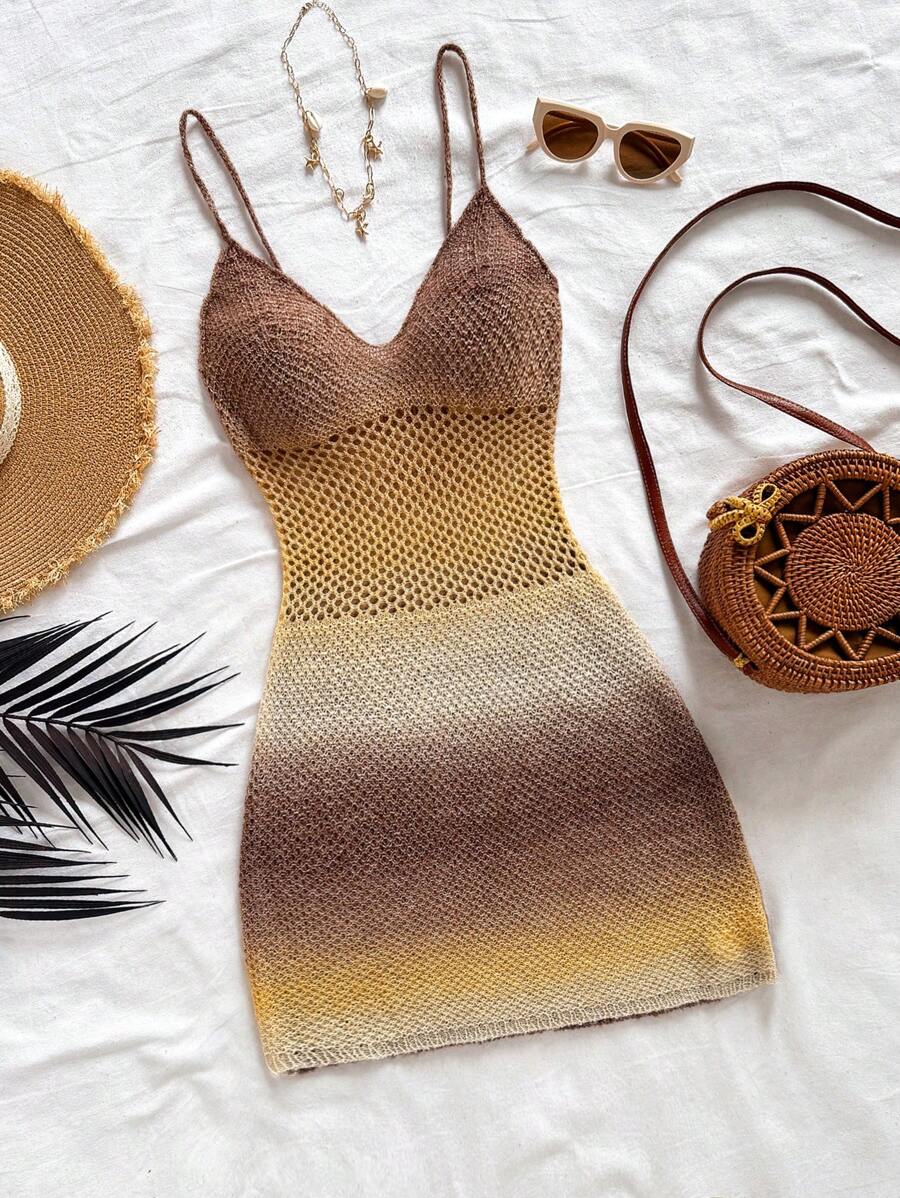 Soleia Women Vacation Gradient Knit Spaghetti Strap Mini Dress - Multicolor - View 1