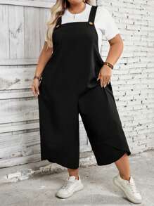 SHEIN CURVE+ Salopette nera oversize da donna con bretelleregolabili, chiusura con bottoni e tasche sulle gambe a spaceo, adatta per la primavera - nero - Visualizzare 3