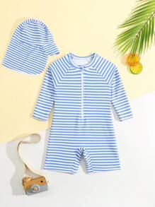 Baby Boy Random Stripe Swimsuit With Shorts, Free Swim Cap - Multicolor - View 1