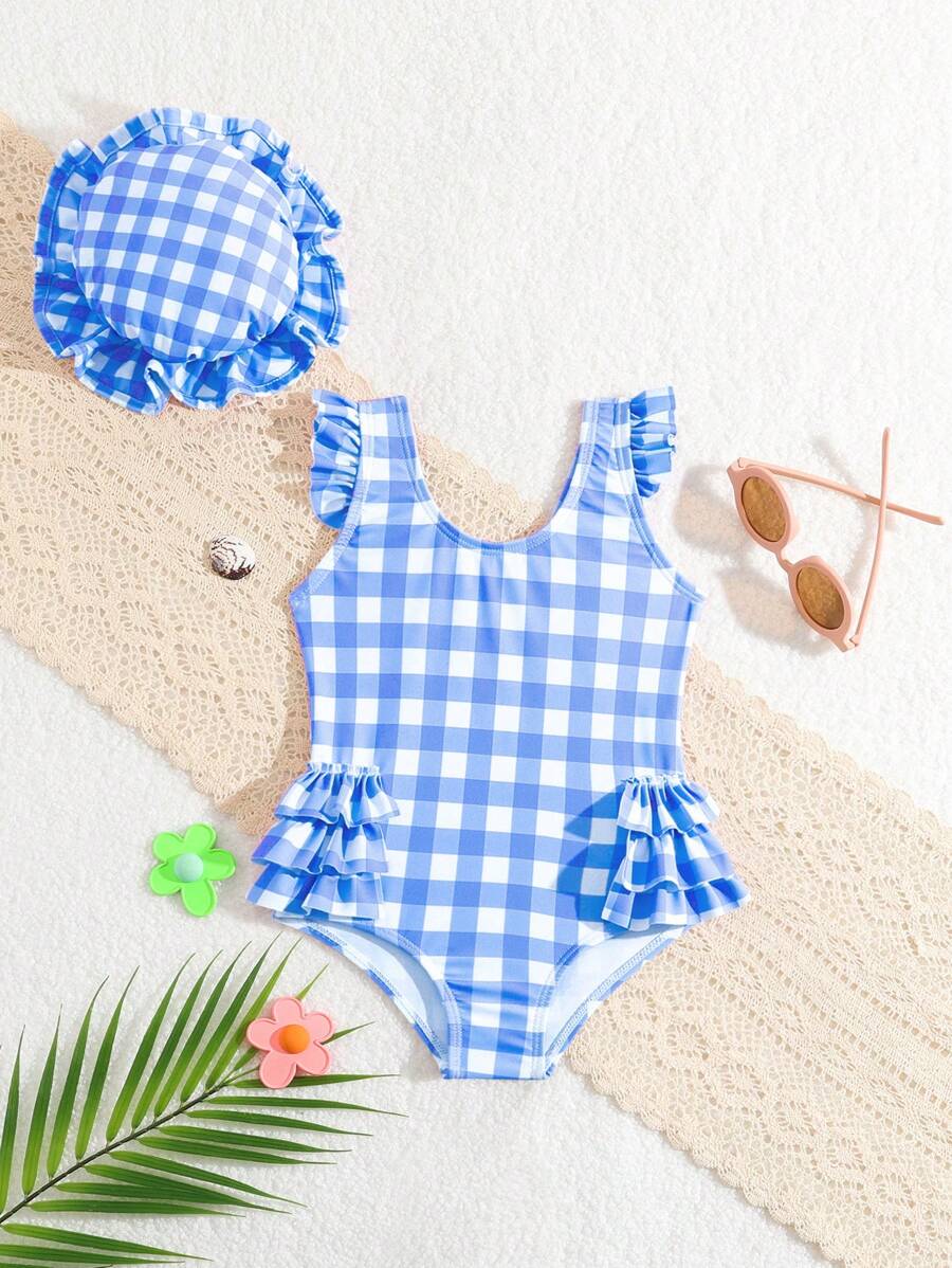 SHEIN Baby Girl Random Print One-Piece Swimsuit With Flying Edge, Includes Cap - Multicolor - View 1