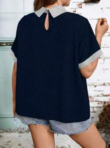 SHEIN LUNE Plus Contrast Striped Collar Blouse, For Summer - Blue - View 2