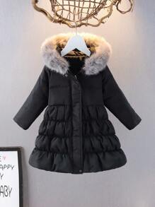 Jong meisje middellange capuchon puffer jas met pluizige en ritssluiting, imitatie leren patchwork