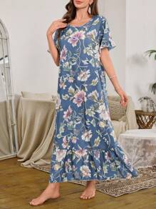 Serenescape Ruffled Floral Print Long Nightgown