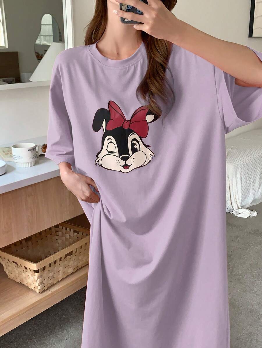 DAZY Cute Cartoon Pattern Print Loose Fit Nightgown - Mauve Purple - View 1
