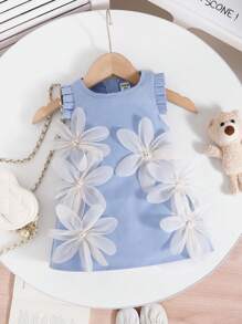 SHEIN Elladie kids Baby Girls Elegant Fashionable Sweet Pink Dress With Apricot Floral Decor, Summer - Blue - View 1