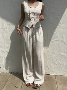 SHEIN Frenchy 2-częściowy damski jednolity kolor bezrękawnik i spodnie, minimalistyczny i modny na lato