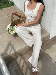 SHEIN Frenchy 2-częściowy damski jednolity kolor bezrękawnik i spodnie, minimalistyczny i modny na lato