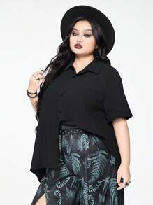 ROMWE Goth Casual Asymmetrical Hem Plus Size Linen Shirt Plus Size Women Outfits Summer Outfits For Women ,Summer ,Summer Clothes , Cute Summer Tops,Women's Concert Costumes, Rave Costumes, Carnival Costumes, Country Concert Costumes - Black - View 3