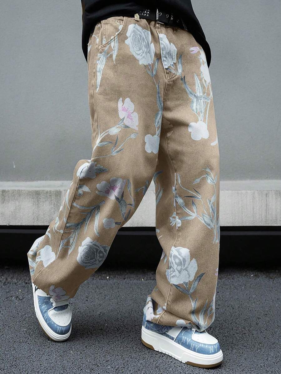 Manfinity EMRG Men's Khaki Denim Floral Print Long Jeans With Zipper Details - Khaki - View 1