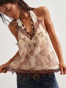 Bohemela Boho Women's Floral Contrast Lace Fashion Elegant Camisole - Apricot - View 7