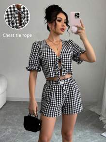 Breezaya 2 件女式格子前领带短袖衬衫和短裤 2 件套 - 黑與白 - 查看 1