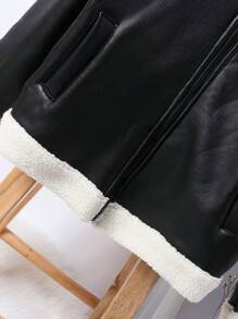 SHEIN Young Boy Casual Fashionable PU Leather & Furry Hooded Biker Jacket, Thick For Autumn Winter, Warm & Versatile, Stylish & Cool - Black - View 8