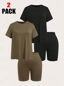 Comfortcana Set de 4 piezas para talla grande: 2 camisetas de manga corta + 2 bermudas de unicolor - Verde militar - Ver 1
