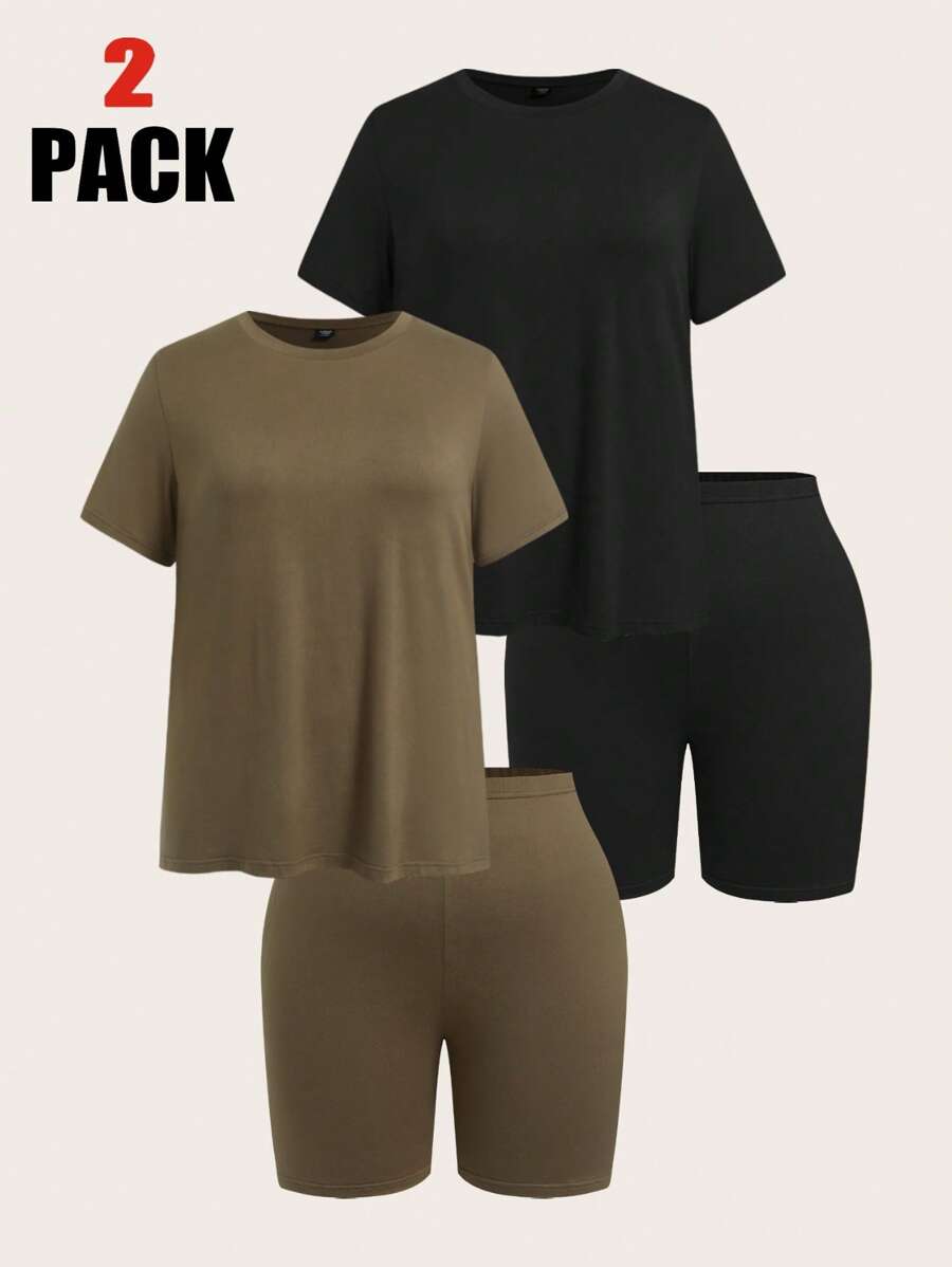 Comfortcana Set de 4 piezas para talla grande: 2 camisetas de manga corta + 2 bermudas de unicolor - Verde militar - Ver 1