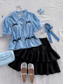 Teen Girls 2 Pieces Set: Bowknot Striped Ruffle Sleeve Blouse Top And Multi-Layered Cake Skirt, Princess And Sweet Feminine Style