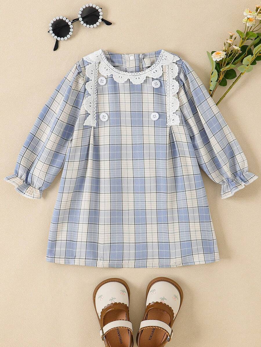 SHEIN Infant & Baby Girl Retro Olive Green Plaid Frill Trim Long Sleeve Sweet Fashion Elegant Dress, Spring/Autumn - Blue - View 1