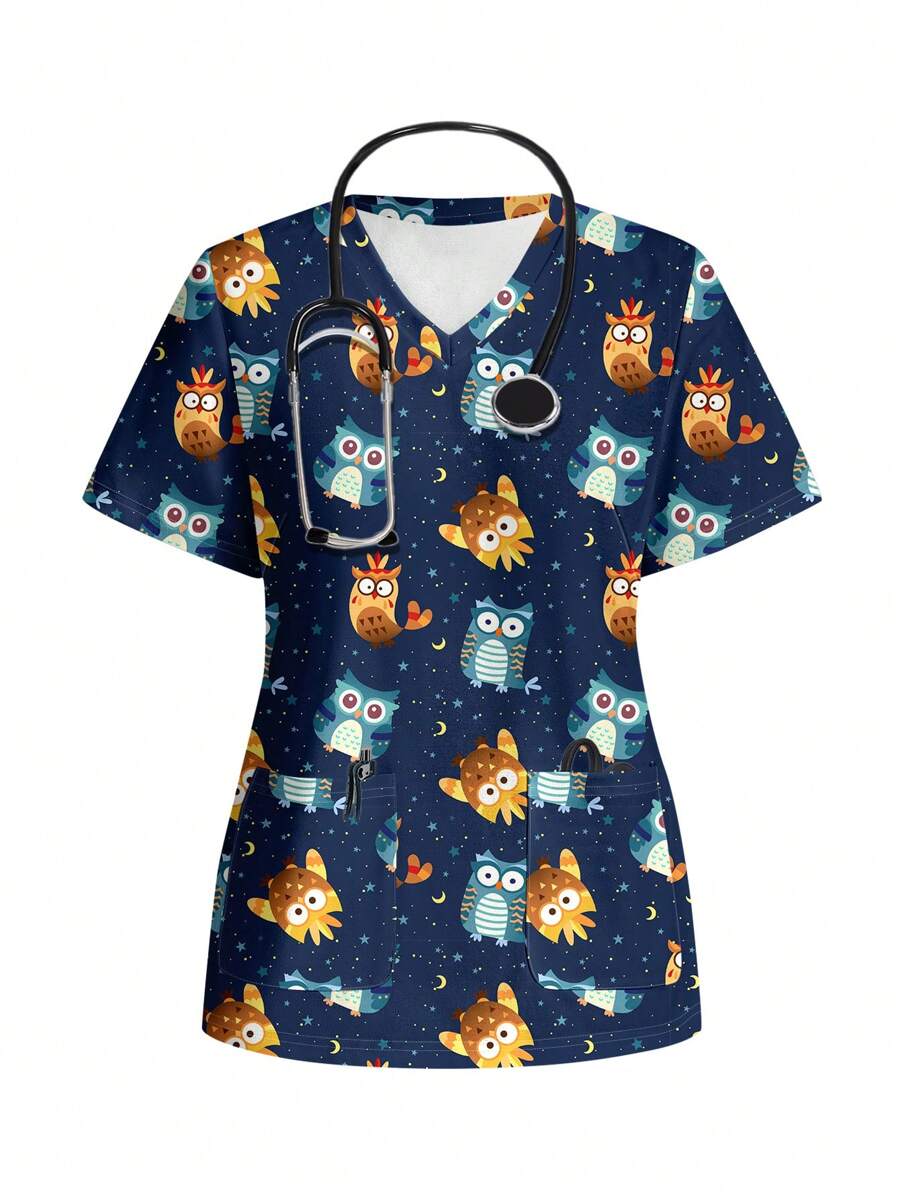 PopScrub Cartoon Owl Print Work Scrub Uniform Top, Casual And Simple - White - View 1