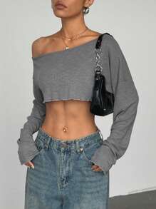 StreetHx 性感不对称领口短款上衣，简约设计，适合夏季 - 淺灰色 - 查看 6