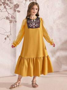 SHEIN Explorewe فستان بأكمام طويلة مناسب للفتيات المراهقات، بياقة مندرين وتطريز زهري وتريم شبكي، مناسب للاستخدام اليومي والعطلات والتجمعات العائلية في فصل الربيع والصيف - أصفر - مشاهدة 1
