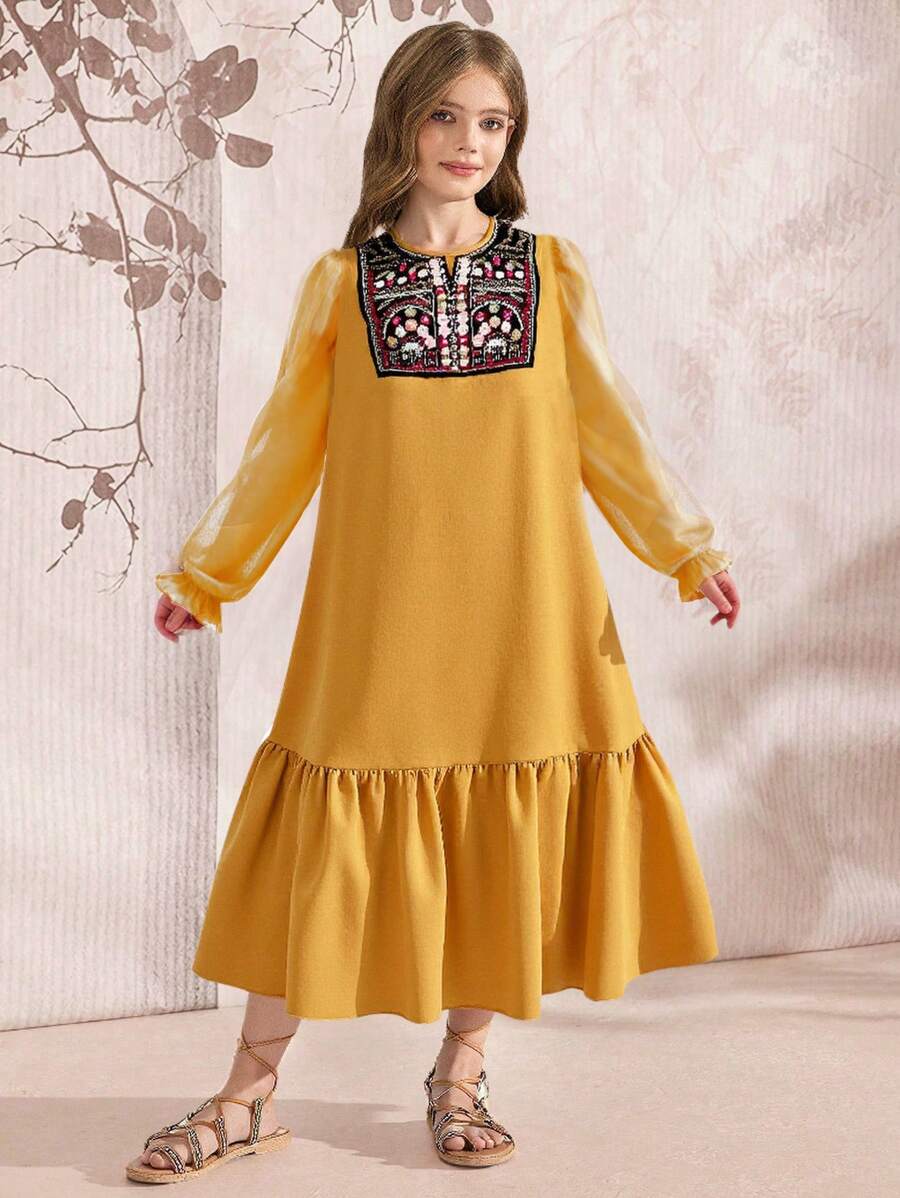 SHEIN Explorewe فستان بأكمام طويلة مناسب للفتيات المراهقات، بياقة مندرين وتطريز زهري وتريم شبكي، مناسب للاستخدام اليومي والعطلات والتجمعات العائلية في فصل الربيع والصيف - أصفر - مشاهدة 1