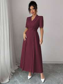 Elenzga Robe élégante et décontractée pour femmes, pour le travail et la ville, de couleur unie avec col cranté, à double boutonnage et ceinturée, manches courtes, pour le printemps/l'été - Rouge foncé - Voir 3
