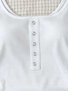 SHEIN Teen Girls' Basic Dot Rib Knit White Tank Top With Metallic Buttons, Casual All-Match Sleeveless Shirt With Deep U-Neck And Racerback