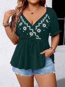 SHEIN LUNE Camicia con bottoni, colletto, vita elastica e stampa floreale, elegante e versatile, adatta per andare al lavoro e in vacanza, per taglie comode, per primavera/estate/autunno, colore nero e bianco