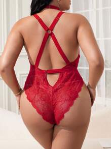大码性感镂空蕾丝内衣紧身衣 - 紅色 - 查看 2