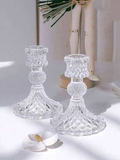 1pc/2pcs Transparent Glassware Diamond Patterned Candlestick Pedestal, Home Decor Centerpiece For Dining Table, Living Room,Wedding,Gifts