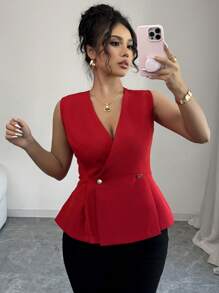 Elenzga Plus Size Women's Elegant Loose Casual Holiday & Commute Solid Color Open V-Neck Crossed Double Metal Button Pleated A-Line Sleeveless Blouse, Spring/Summer