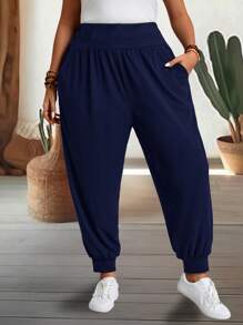 EMERY ROSE Plus Size Casual Solid Color Drawstring Pants Fall - Navy Blue - View 5