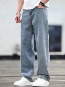 Manfinity Homme Men's Straight Leg Loose Fit Casual Pockets Jeans, Versatile - Light Wash - View 1