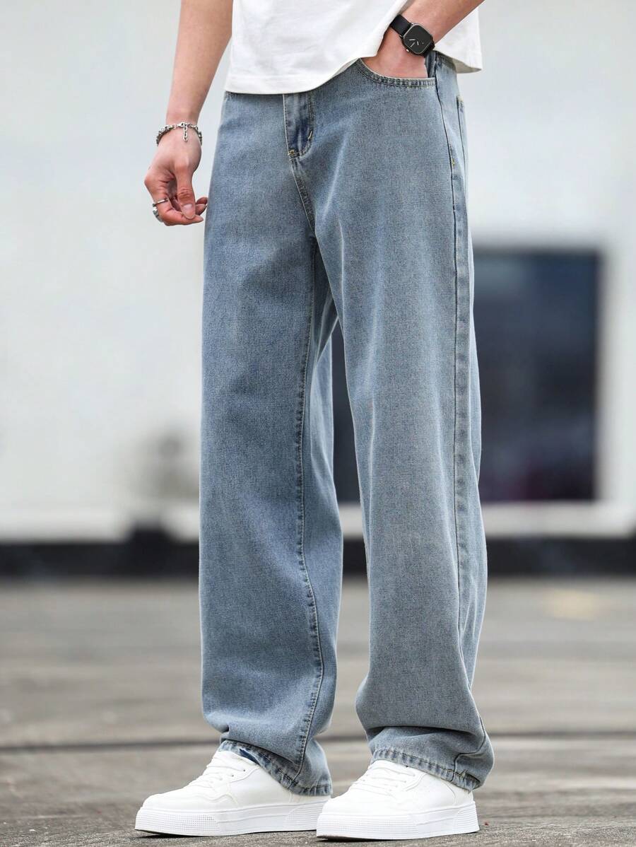 Manfinity Homme Men's Straight Leg Loose Fit Casual Pockets Jeans, Versatile - Light Wash - View 1