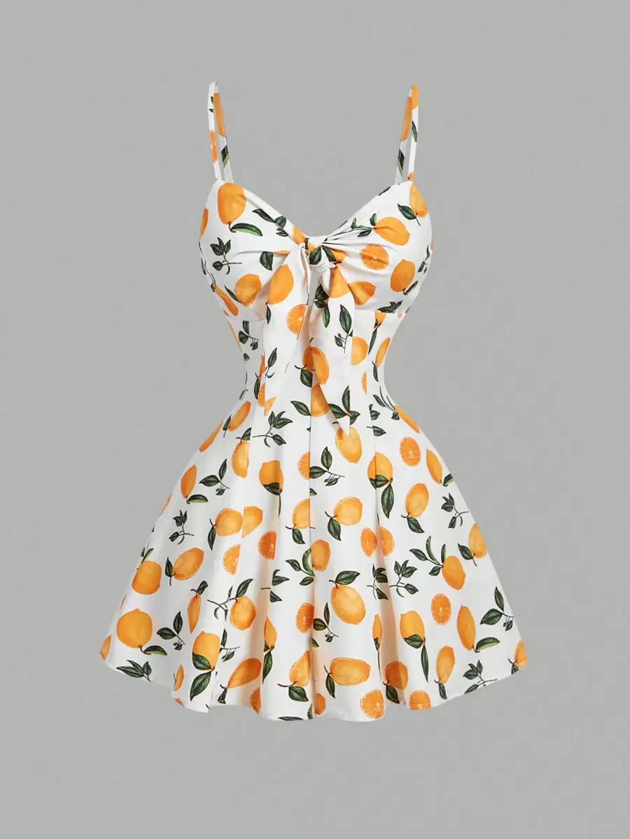 SHEIN MOD Front Tie-Waist Fruit Print Rompers,Boho,Concert ,Romantic ,Summer ,Festival,Tropical  ,Vacation ,Wide Leg Jumpsuit - Multicolor - View 1