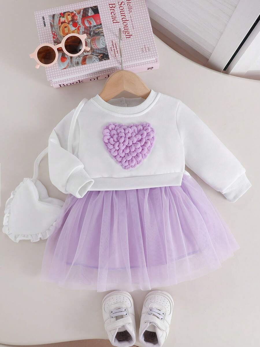 Infant/Toddler Girls' Cute Mesh Tulle Dress With Furry Heart Decor, Sweet Style For Spring/Autumn - Purple - View 1