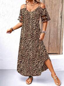 EMERY ROSE Plus Size Shoulder Strap Off-Shoulder Short Sleeve Dress Maxi Women Outfit - Multicolor - View 1