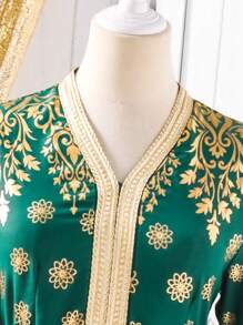 SHEIN Gaun Lengan Panjang Berpotongan V untuk Remaja Perempuan, Cocok untuk Liburan - Dark Green - View 7