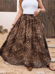 SHEIN Clasi Leopard Print Chiffon Flowy Skirt For Plus Size Women, Elegant Daily Beach Skirt Plus Size Skirts Classy Skirt Women Maxi Skirt