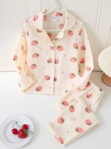 SHEIN 2pcs Young Girls Cute Strawberry Pattern Ruffle Textured Casual Comfy Open Front Top And Pants Set Home Wear - Multicolor - View 4