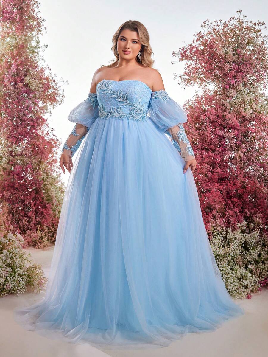Glamrae Plus Size Elegant Luxurious Heavily Embellished Blue Sequin Embroidered Off Shoulder Puff Sleeve Long Sleeve Strapless Tulle Maxi Evening Gown, Formal, Party Dress, For Wedding Guest