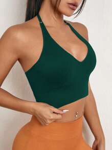 Menodora SHEIN Sport Áo ngực thể thao thể thao hàng ngày cổ yếm màu trơn dành cho nữ - Màu xanh lá cây đậm - Xem 3