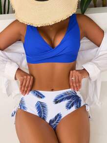 SHEIN Swim Traje de baño de dos piezas estampado, conjunto de ropa de playa de verano para mujeres - azul real - Ver 1