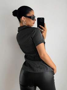 EgrlEra Women's Sexy Office Mermaid Striped Print Deep V-Neck Fitted Short Sleeve Blouse, Cowgirl Outfits For Women