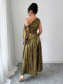 Elenzga Women's Elegant Off Shoulder Ruched Asymmetrical Hem A-Line Dress, Fashionable Gold Color,Sexy And Unique Design, Slim Fit, Sleeveless, Suitable For Party, Vacation, And Formal Occasions, Long Dress - Gold - View 2