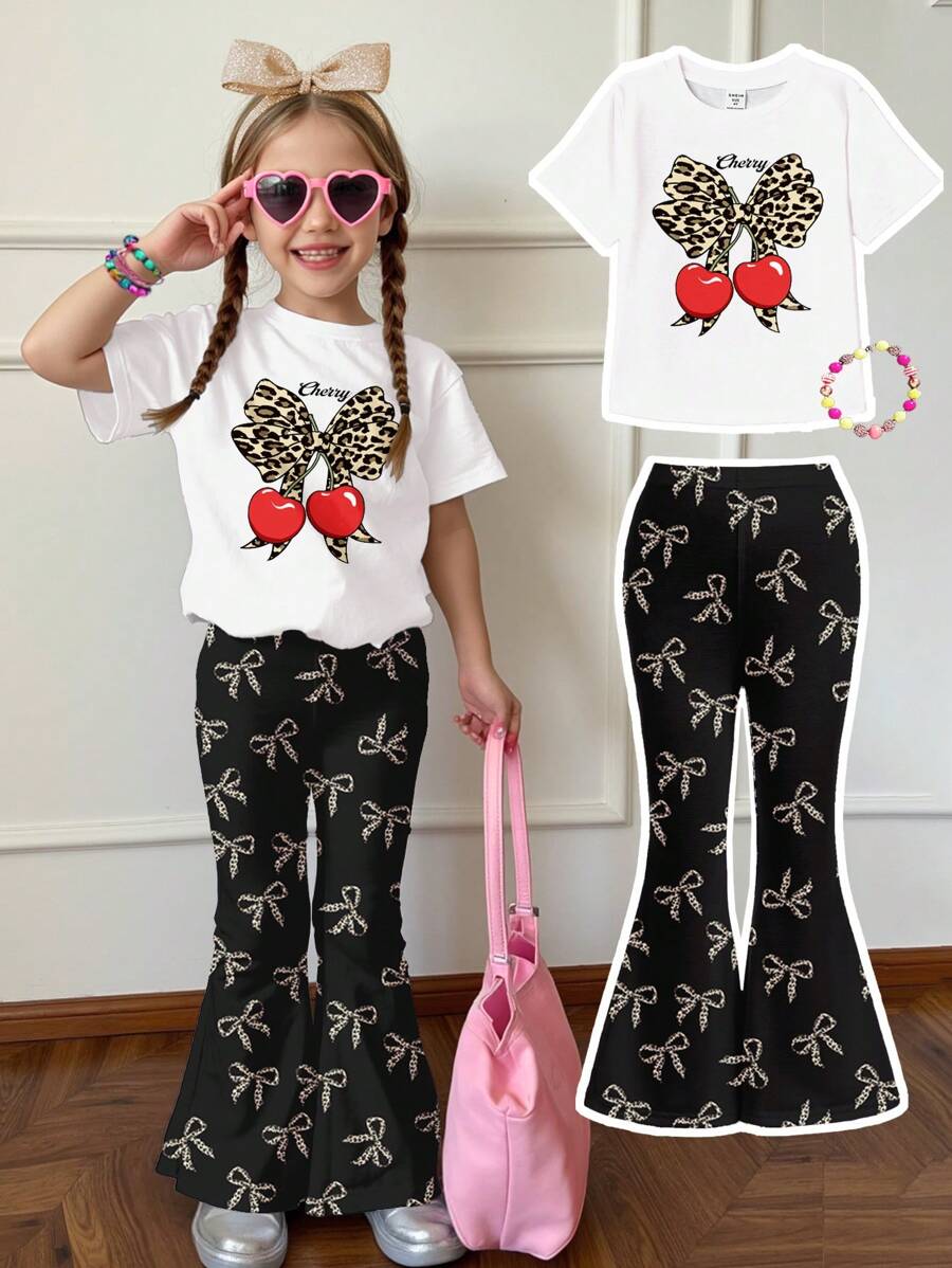 SHEIN Leap Crew Young Girl Retro Leopard Bow & Cherry Pattern Casual Cartoon Print Crew Neck Short Sleeve Top & Flare Pants 2Pcs Set, Suitable For Summer - Multicolor - View 1