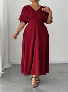 SHEIN CURVE+ Vestidos de cumpleaños talla grande CURVE+, vestidos de fiesta, elegantes, formales para mujeres, vestidos de noche, vestido rojo, plisado